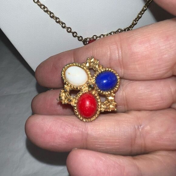 Sara Coventry Vintage Red Whit and Blue Gold Tone Necklace and Clip Earrings Set - Picture 5 of 8